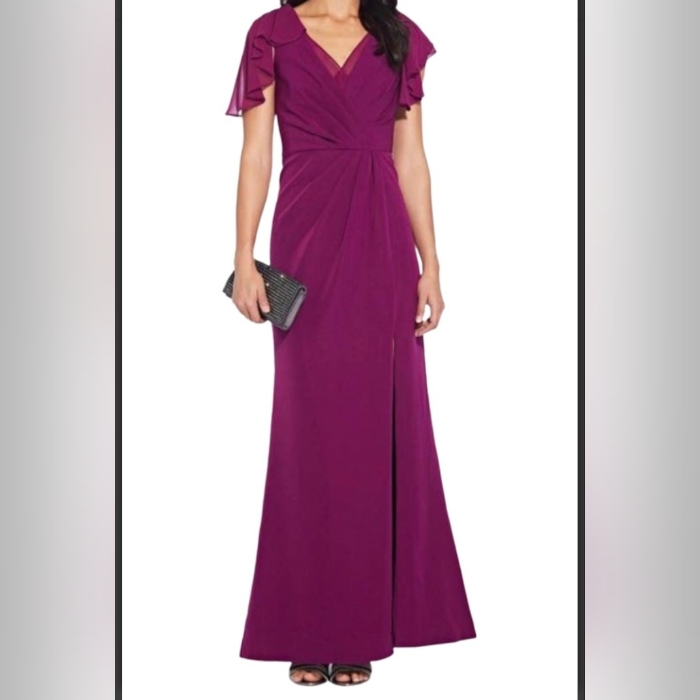 Adrianna Papell Short Flutter-Sleeve Chiffon Gown In Wildberry 8
